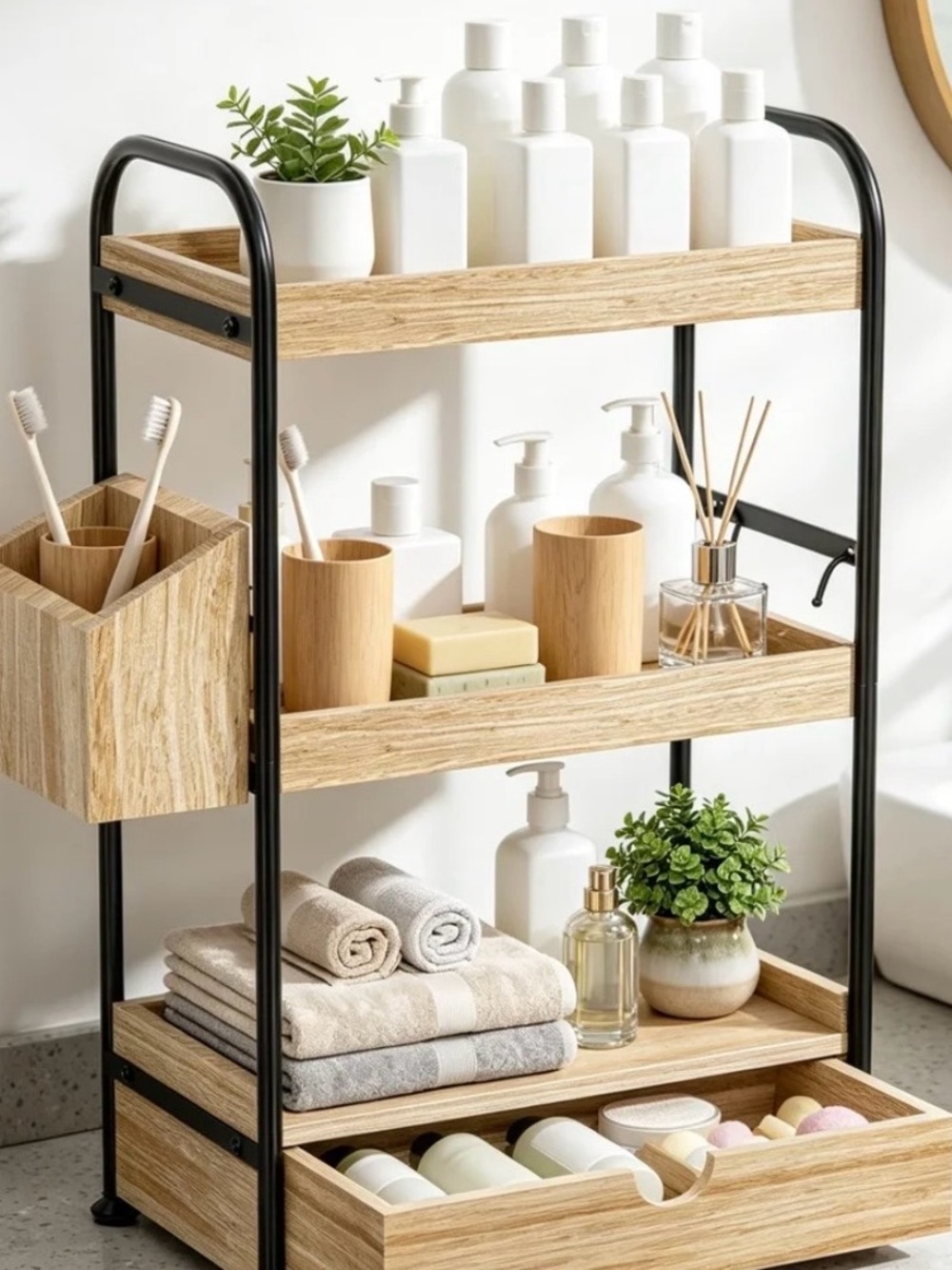 3-Tier Natural Wood and Black Metal Bathroom Storage Rack